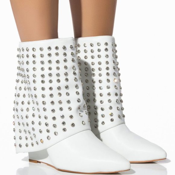 Callie Lives Shoes - Callie Dripped & Draped Rhinestone Wedge White Ankle Bootie 8.5